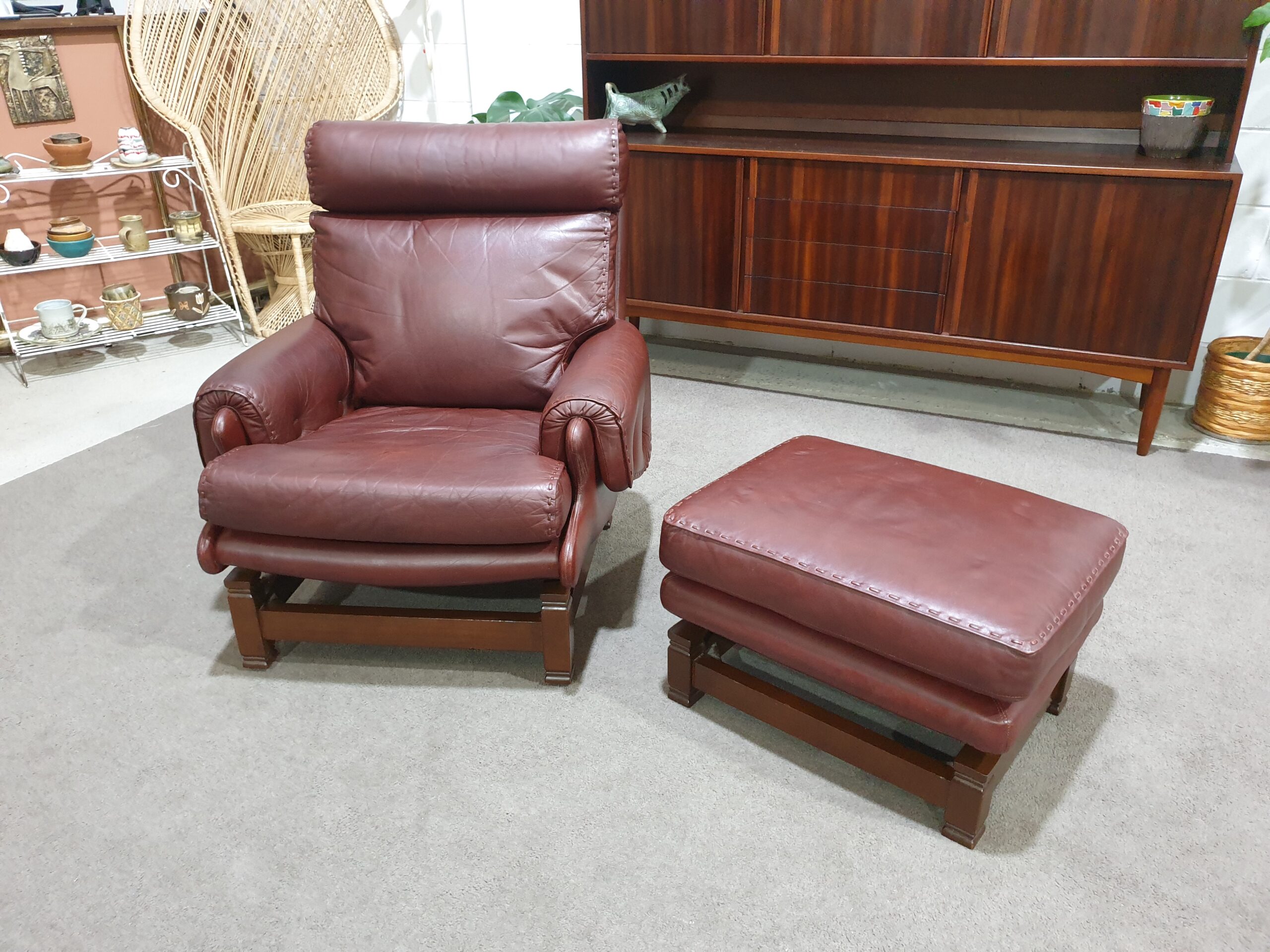 Vintage Leather Armchair and Footstool MORAN Hilton and Main